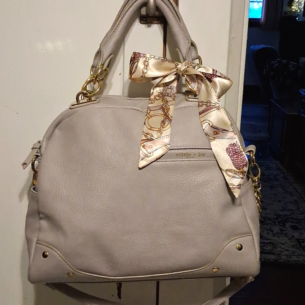 Olivia + Joy taupe satchel with gold hardware and silk scarf